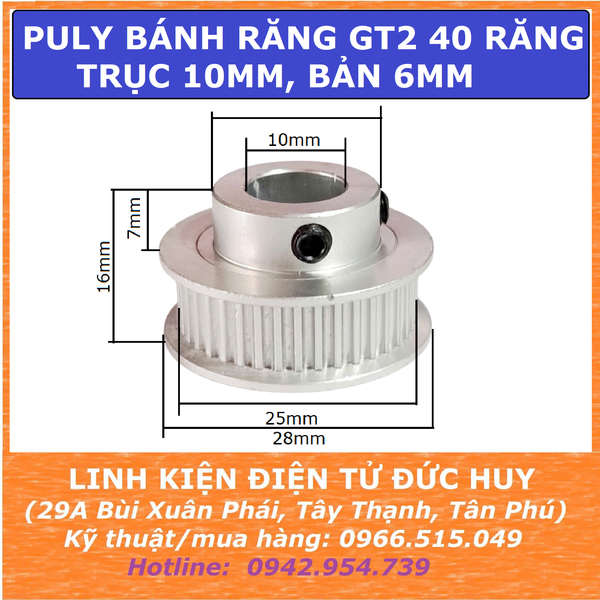 Puly bánh răng GT2 40 răng Trục 10mm (bản rộng 6mm)
