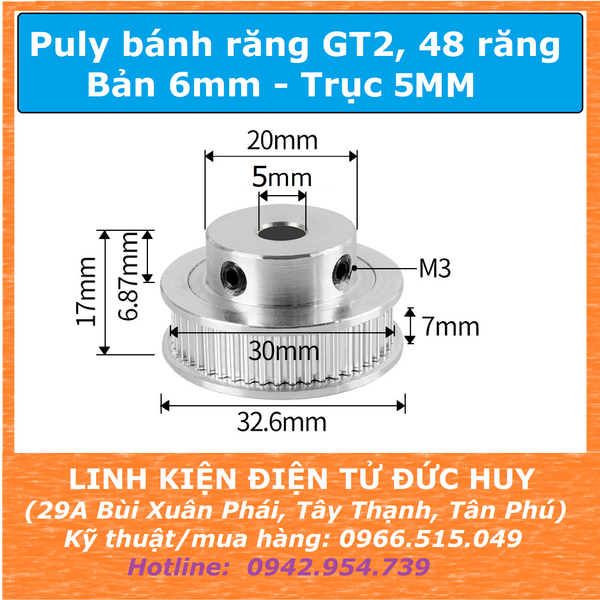 Puly bánh răng 48 răng GT2, đường kính ngoài 32mm Trục 5mm