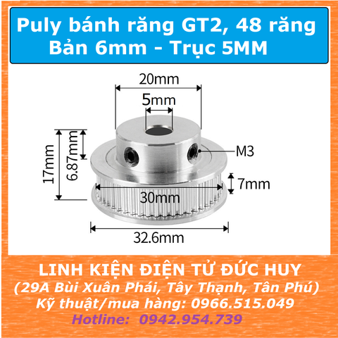 Puly bánh răng 48 răng GT2, đường kính ngoài 32mm Trục 5mm