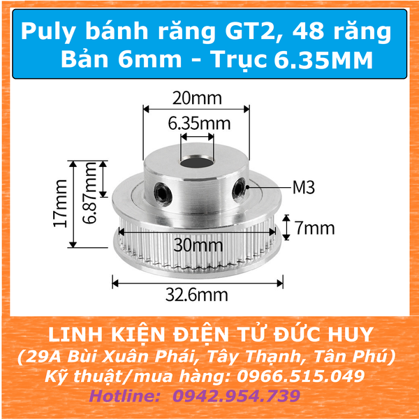Puly bánh răng 48 răng GT2, đường kính ngoài 32mm Trục 6.35mm