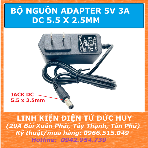 NGUỒN ADAPTER 5V 3A , DÂY DÀI 1M, ĐẦU JACK 5.5x2.5mm
