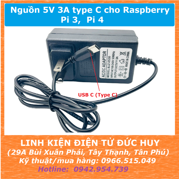 Nguồn DC 5V 3A 15W cho Raspberry Pi 4 USB type C
