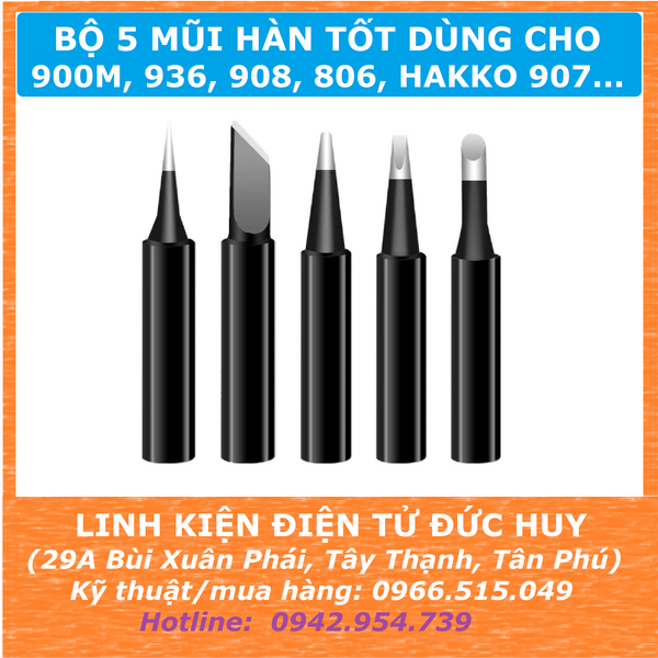 BỘ 5 ĐẦU MŨI HÀN ĐEN (LOẠI TỐT) CHO 900M, 936, 809, 806, HAKKO 907...