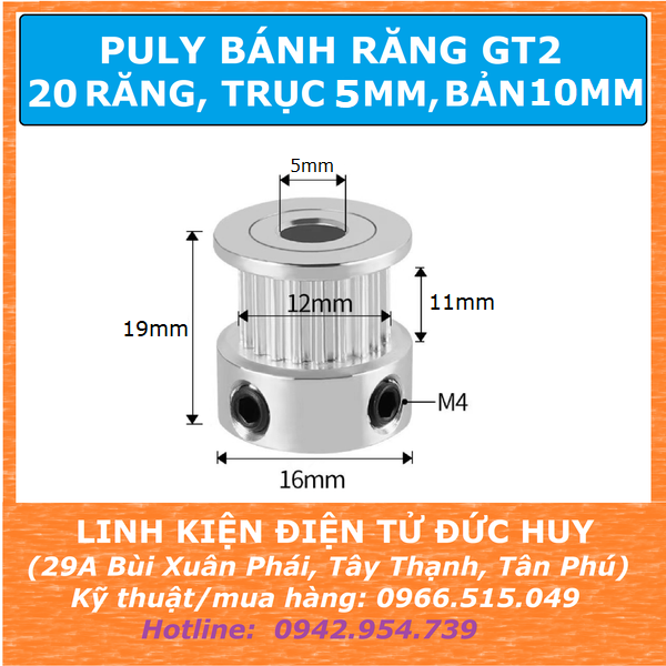 Puly bánh răng 20 răng GT2 Trục 5mm bản 10mm