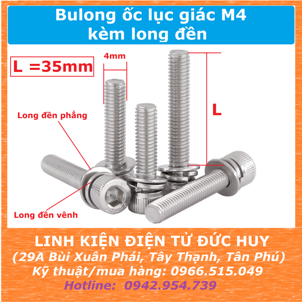 Bulong lục giác M4 35mm, Inox 304 (kèm long đền)