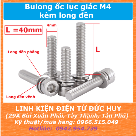 Bulong lục giác M4 40mm, Inox 304 (kèm long đền)