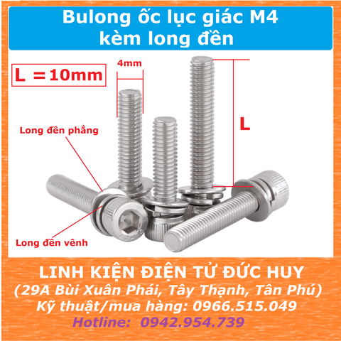 Bulong lục giác M4 10mm, Inox 304 (kềm long đền)