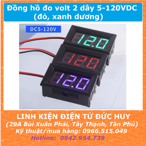 Đồng hồ đo volt, đo điện áp, volt kế 2 dây 5-120VDC (đỏ, xanh dương)