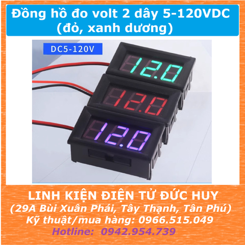 Đồng hồ đo volt, đo điện áp, volt kế 2 dây 5-120VDC (đỏ, xanh dương)