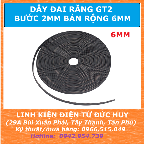 Dây đai răng GT2, bước răng 2mm, rộng 6mm (1 mét)