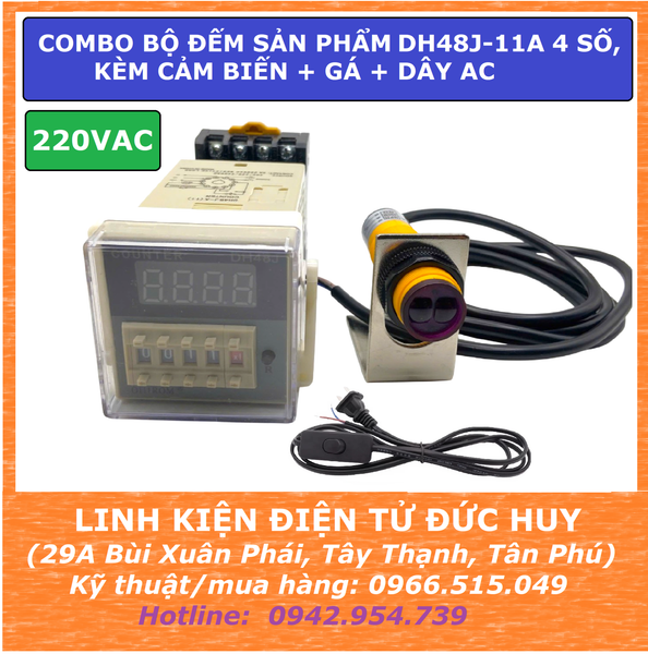 Combo bộ đếm sản phẩm DH48J-11A counter 4 số, có chức năng lưu khi mất điện, 220VAC, kèm cảm biến + gá + dây AC 220V