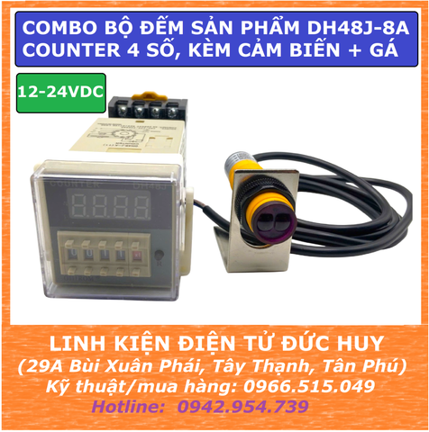 Combo bộ đếm sản phẩm DH48J-8A counter 4 số, 12VDC 24VDC, kèm cảm biến và gá