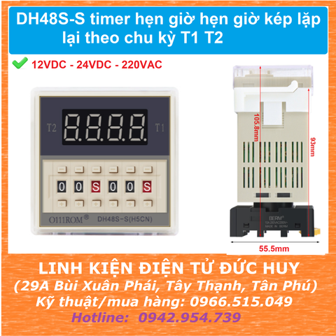 DH48S-S timer hẹn giờ hẹn giờ kép lặp lại theo chu kỳ T1 T2 (kèm đế)