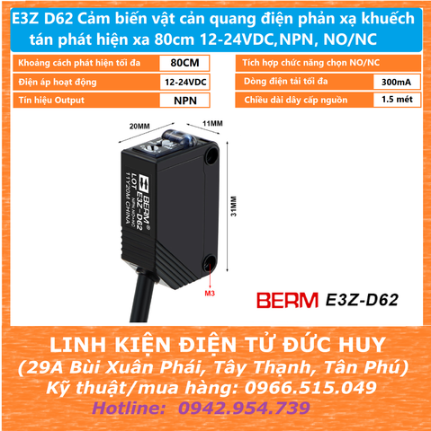 E3Z D62 Cảm biến vật cản quang điện phản xạ khuếch tán phát hiện xa 80cm 12-24VDC, NPN, NO/NC
