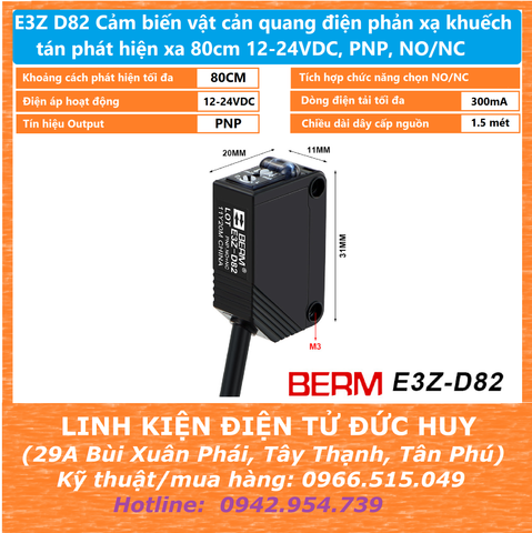 E3Z D82 Cảm biến vật cản quang điện phản xạ khuếch tán phát hiện xa 80cm 12-24VDC, PNP, NO/NC