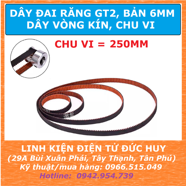 Dây đai răng GT2, CHU VI 250mm, Rộng 6mm