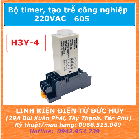 Bộ timer công nghiệp hẹn giờ, tạo trễ 220VC 0-60S H3Y-4 (đã bao gồm đế)