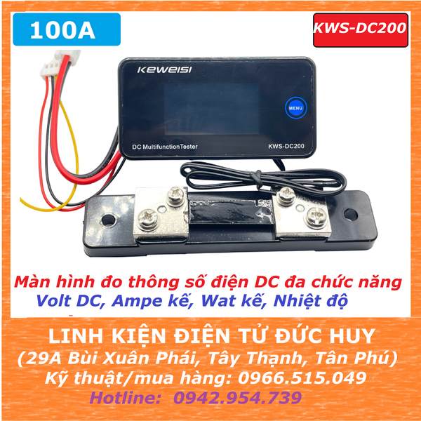 KWS DC200 100A Màn hình đo thông số điện đa chức năng Volt DC,Ampe,Wat,Nhiệt độ