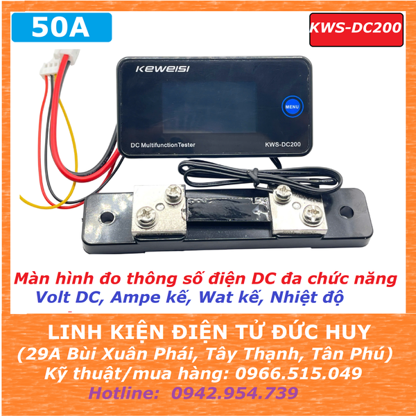 KWS DC200 50A Màn hình đo thông số điện đa chức năng Volt DC,Ampe,Wat,Nhiệt độ