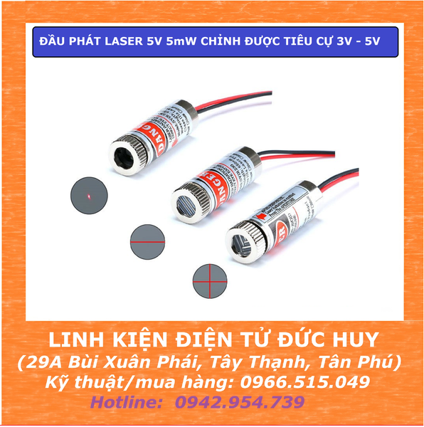 ĐẦU PHÁT LAZE LASER 5V 5mW CHỈNH ĐƯỢC TIÊU CỰ 3V~5VDC
