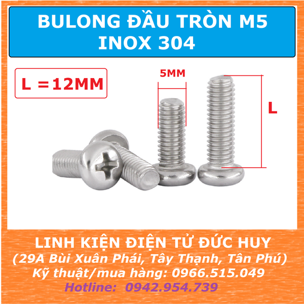 Bulong đầu tròn M5, 12mm, Inox 304