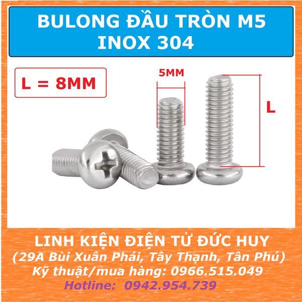 Bulong đầu tròn M5, 8mm, Inox 304