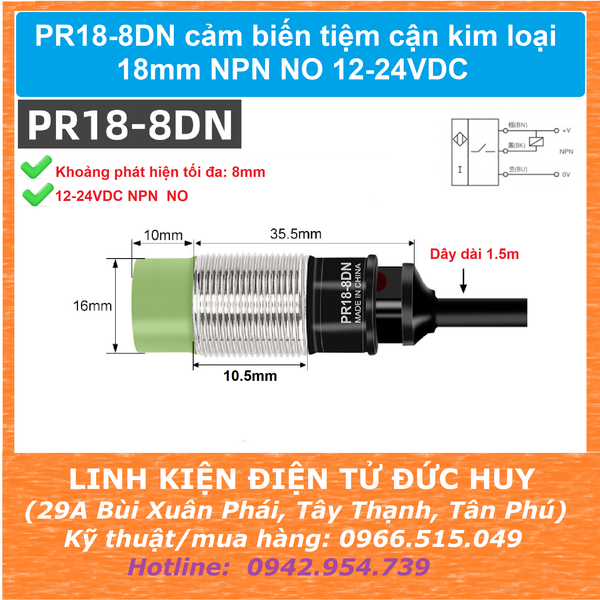 PR18-8DN cảm biến tiệm cận kim loại 18mm NPN NO 12-24VDC