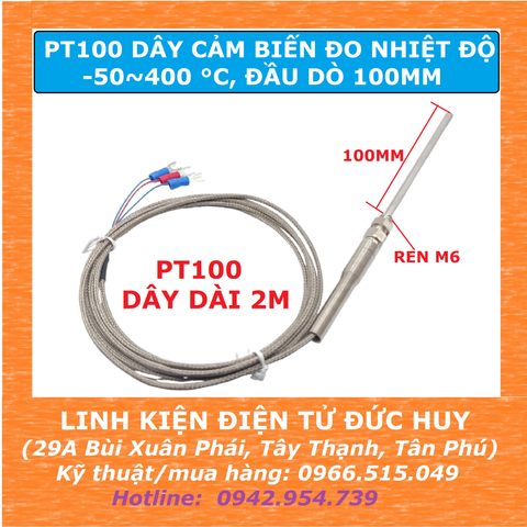 PT100 DÂY CẢM BIẾN ĐO NHIỆT ĐỘ DÀI 2M, -50~400 °C, REN M6, ĐẦU DÒ 100MM