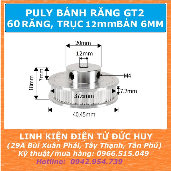 Puly bánh răng nhôm 60 răng GT2, trục 12mm, bản 6mm