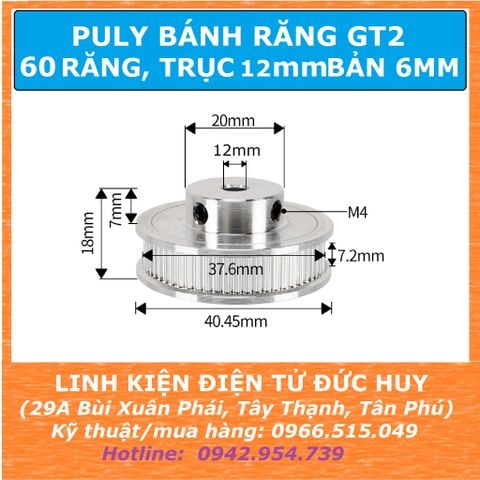 Puly bánh răng nhôm 60 răng GT2, trục 12mm, bản 6mm