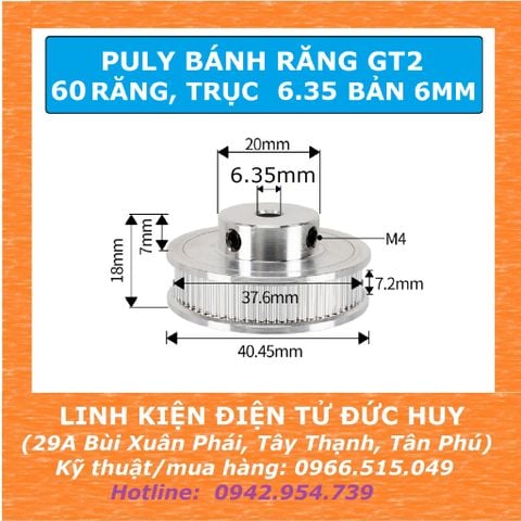 Puly bánh răng nhôm 60 răng GT2, trục 6.35mm, bản 6mm