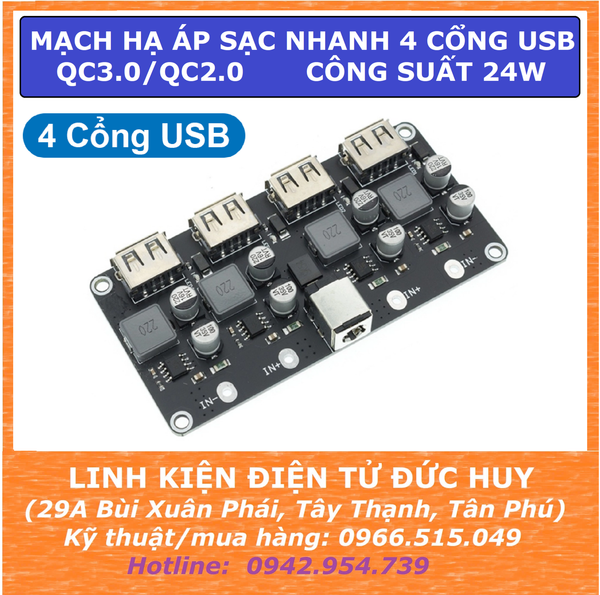 MẠCH HẠ ÁP SẠC NHANH 4 CỔNG USB QC3.0/QC2.0, CÔNG SUẤT 24W