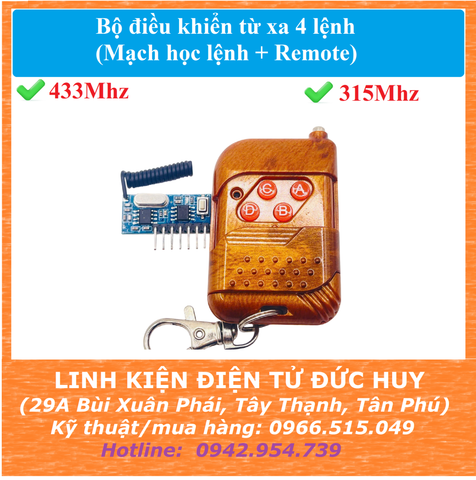 Bộ điều khiển từ xa 4 lệnh (mạch học lệnh + remote) 433mhz 315mhz