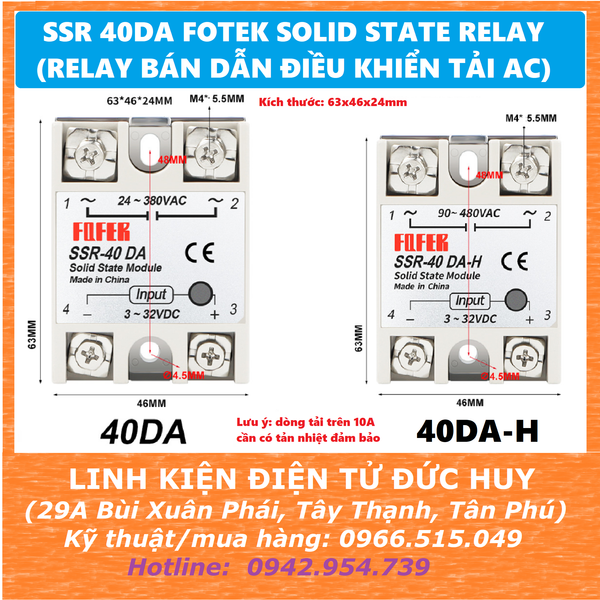 SSR 40DA SSR 40DA-H FOTEK SOLID STATE RELAY (RELAY BÁN DẪN ĐIỀU KHIỂN TẢI AC)