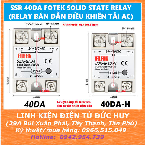 SSR 40DA SSR 40DA-H FOTEK SOLID STATE RELAY (RELAY BÁN DẪN ĐIỀU KHIỂN TẢI AC)