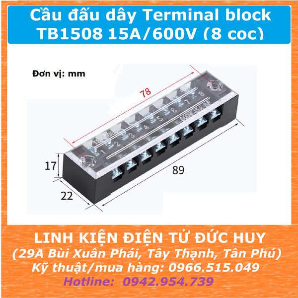 Cầu đấu dây Terminal block TB1508 15A/600V (8 cọc)