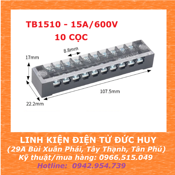 Cầu đấu dây Terminal block TB1510 15A/600V (10 cọc)