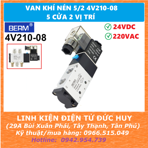 Van khí nén 5/2 4V210-8, điều hướng 5 cửa 2 vị trí (điện áp coil 24V 220V) - BERM