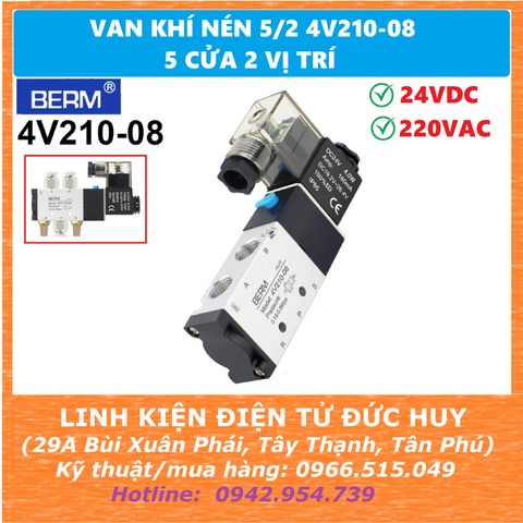 Van khí nén 5/2 4V210-8, điều hướng 5 cửa 2 vị trí (điện áp coil 24V 220V) - BERM