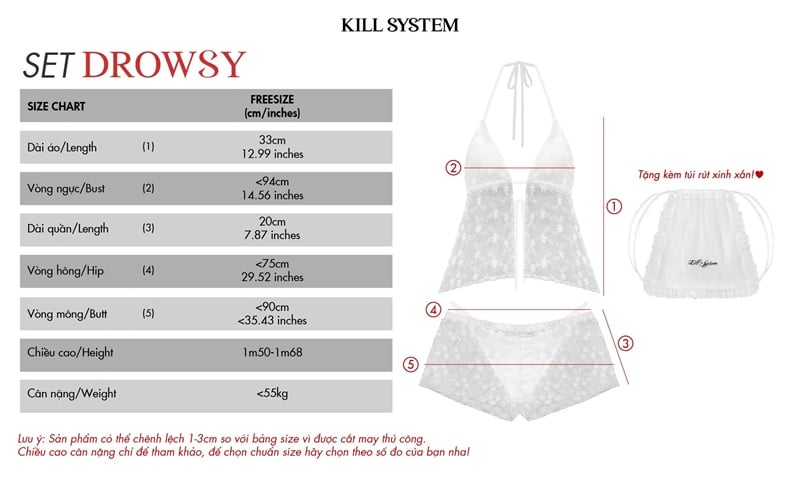  Set đồ ngủ sexy ren hoa tặng kèm túi rút xinh DROWSY - KILLSYSTEM 
