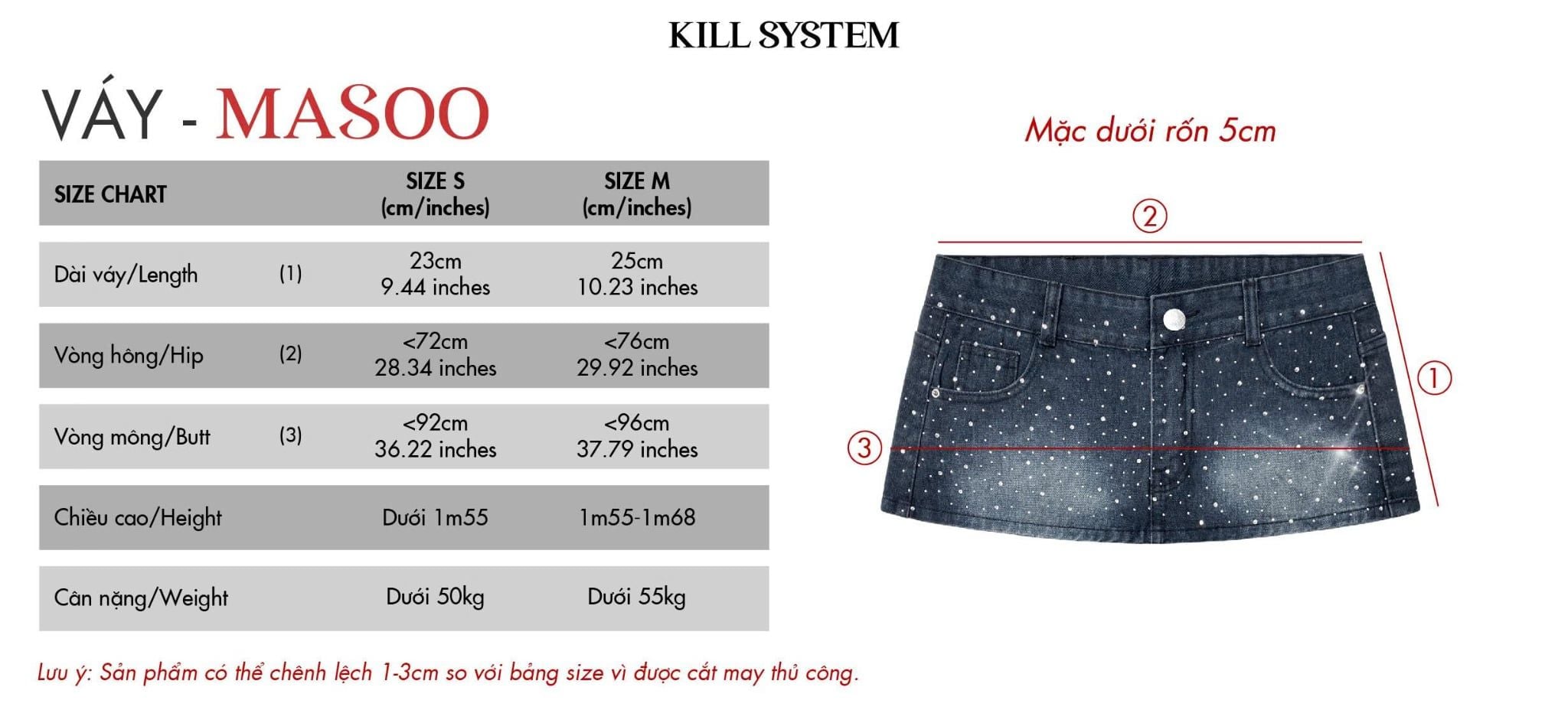  Chân váy jeans cạp trễ đính đá lấp lánh MASOO - KILLSYSTEM 