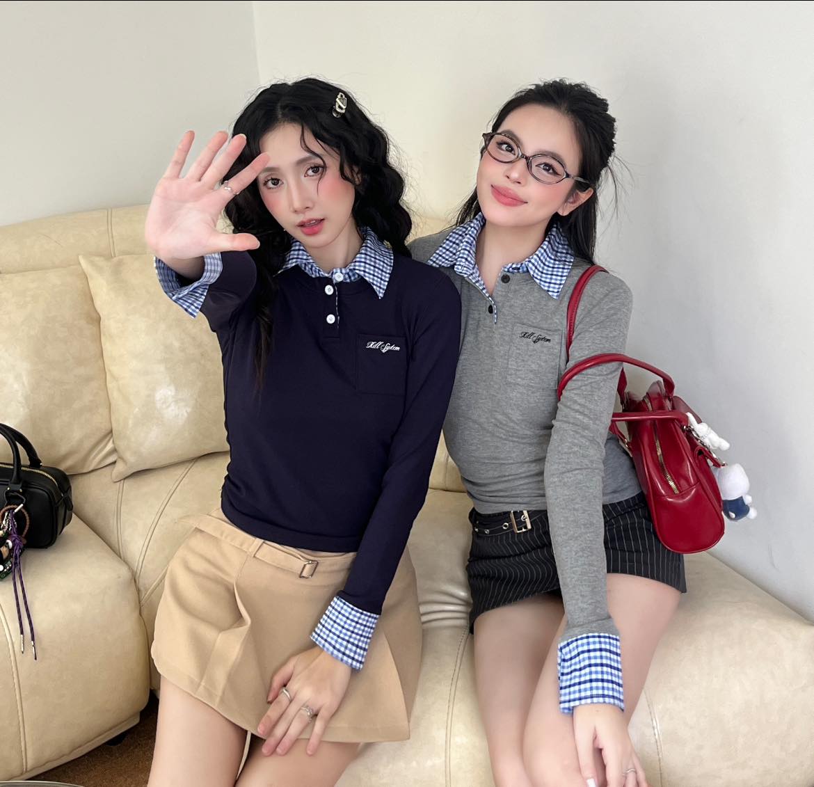  Áo thun polo phối sơ mi sọc caro tay dài thu đông WAVY 