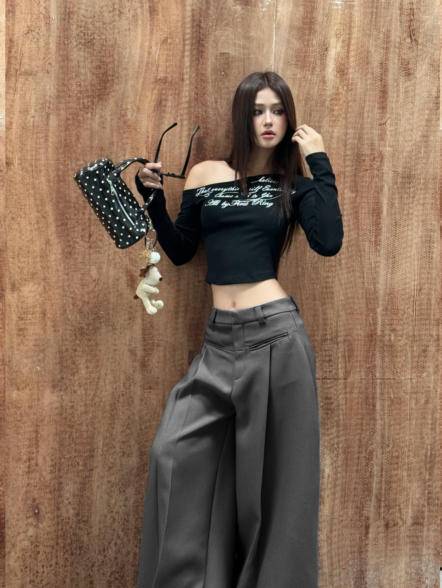  Áo lệch vai dài tay cài nút co giãn ôm body tôn dáng in chữ cá tính Groove - KILL SYSTEM 