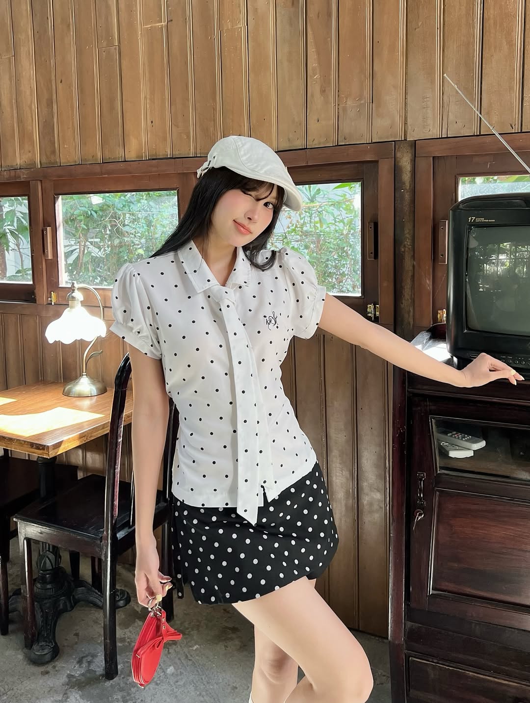  Áo sơ mi chấm bi nữ tay ngắn kèm cà vạt thắt eo JINJIN - KILLSYSTEM 