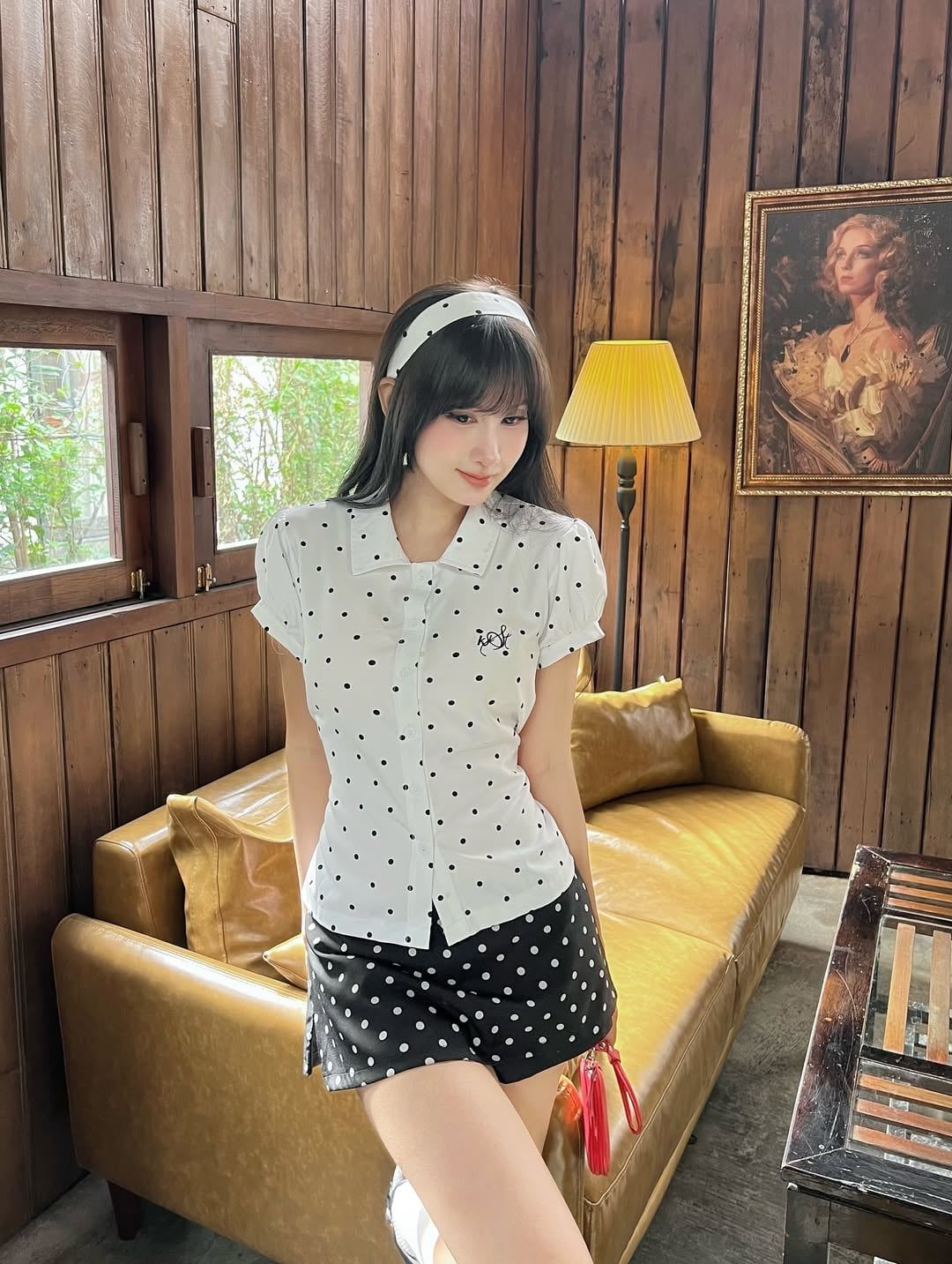  Áo sơ mi chấm bi nữ tay ngắn kèm cà vạt thắt eo JINJIN - KILLSYSTEM 