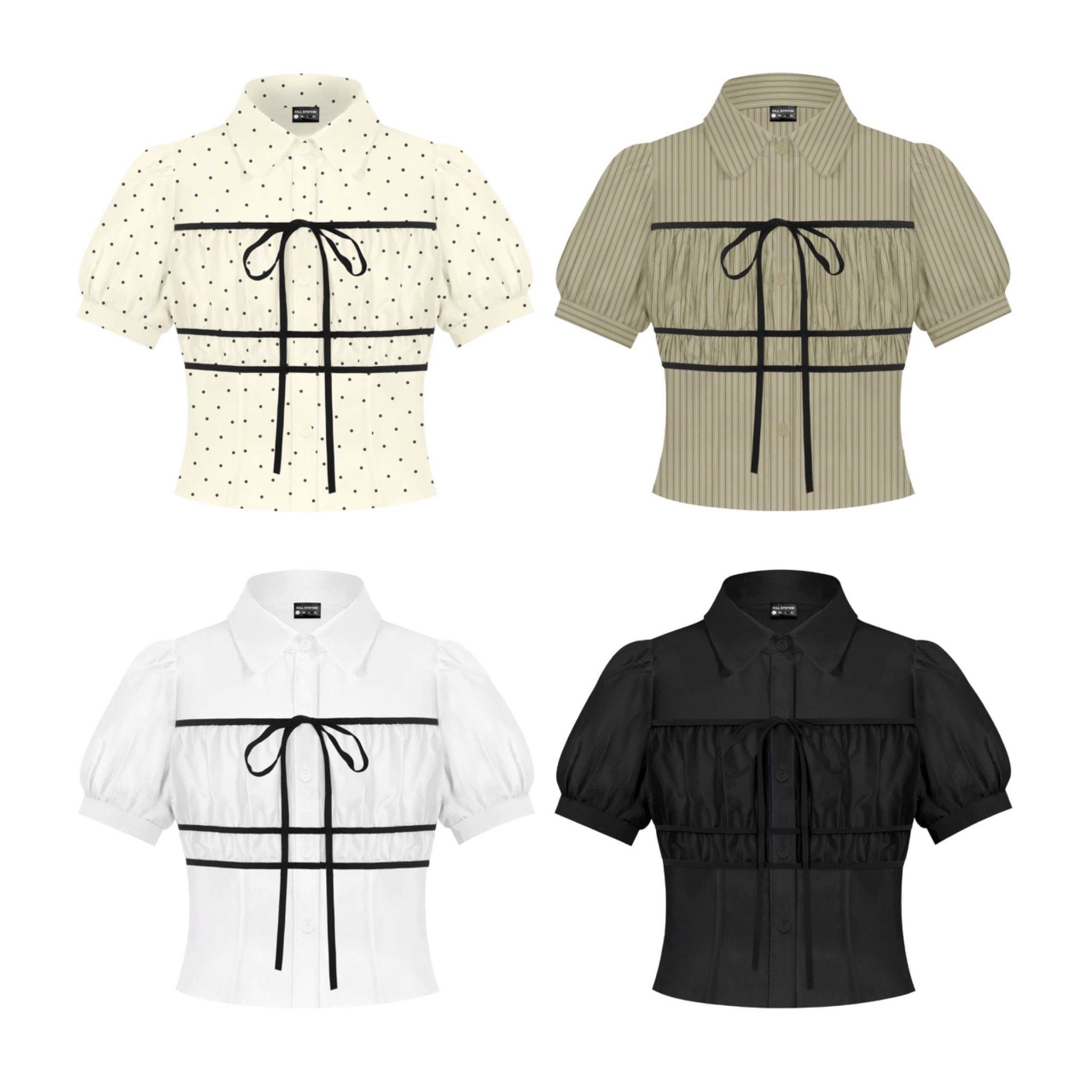  Áo sơ mi tay phồng Sunmi phối nhún ngực thắt nơ 