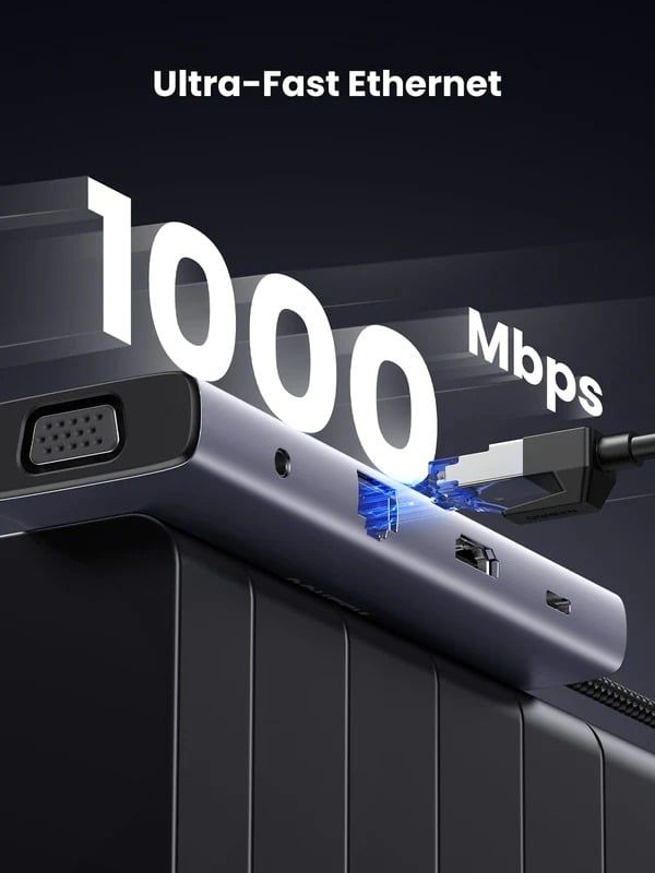  HUB chuyển đổi Type C Ugreen 15601 – USB-C sang 3xUSB-A 3.0 + HDMI + VGA+ RJ45(LAN) + SD/TF +3.5mm+PD 4K30Hz 