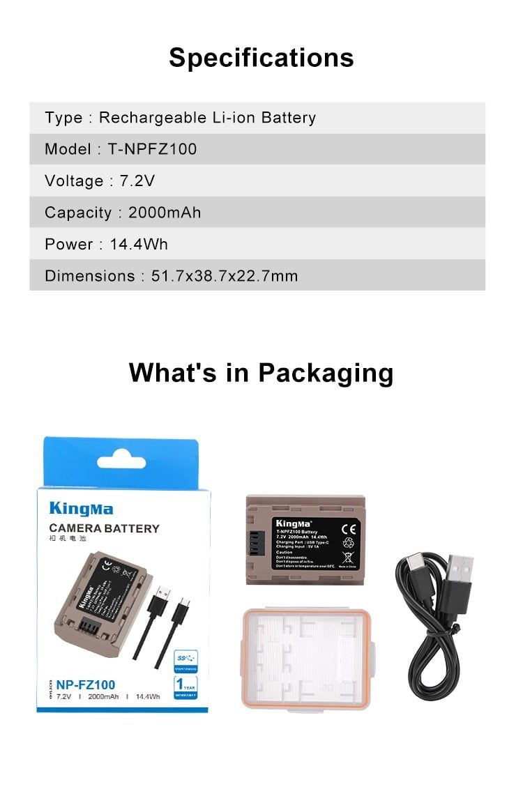  Pin Kingma NP-FZ100 dung lượng 2000mAh cổng TypeC 