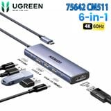  Hub 6 in 1 USB-C sang Displayport Ugreen 75642 CM511, Hỗ Trợ 4K/60Hz, USB-A 3.0 x3, USB-C x1, PD 100W 