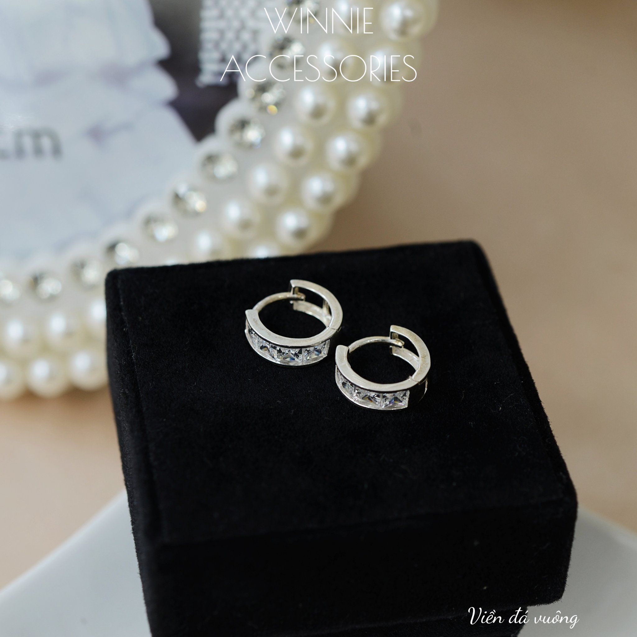  Hoa tai Bạc S925 Khoen Viền đá vuông 